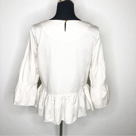 Tyler Boe tan and white striped ruffle pleated hem sleeve top size Medium - Picture 15 of 15